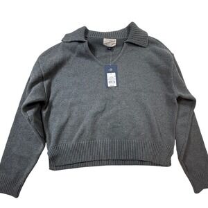 Universal Thread Womens Charcoal Gray Polo Collar V-Neck Cropped Sweater NEW
